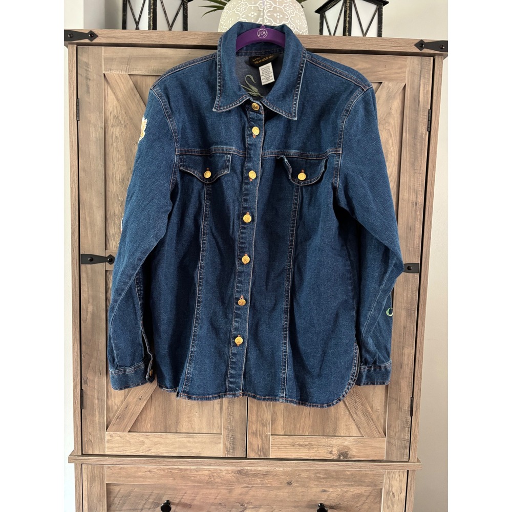 Bob Mackie Wearable Art Denim Shirt Jacket Floral Embroidered Dark Wash Small